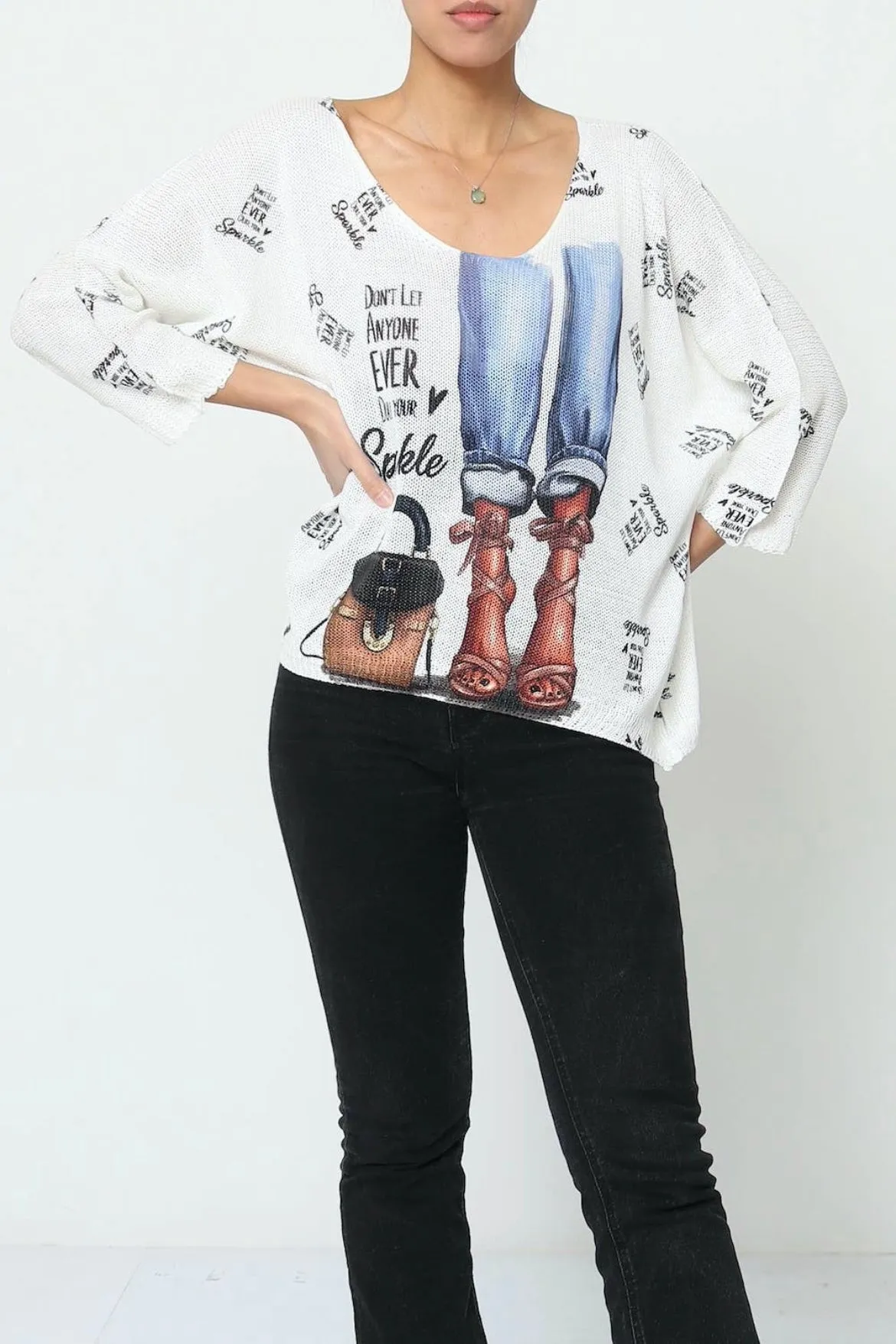 3/4 sleeve v-neck knitted sweater