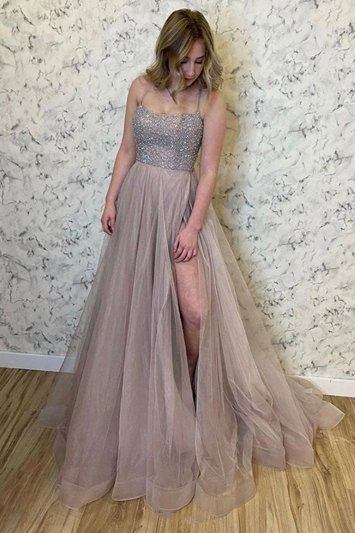 A Line Light Champagne Tulle Beaded Long Prom Dress, High Slit Champagne Formal Dress with Sequins, Beaded Champagne Evening Dress A1392