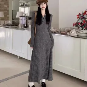 Amozae-Women's Elegant Vintage Design Knit Dress Long Sleeve Autumn/winter 2024 New High-end Fitted Waist Three-color Dress