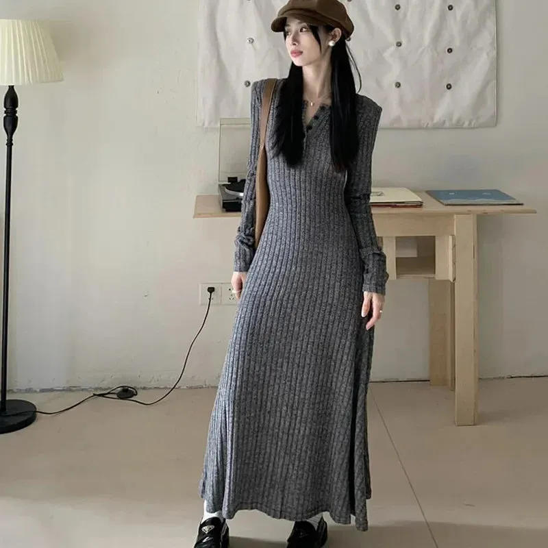 Amozae-Women's Elegant Vintage Design Knit Dress Long Sleeve Autumn/winter 2024 New High-end Fitted Waist Three-color Dress