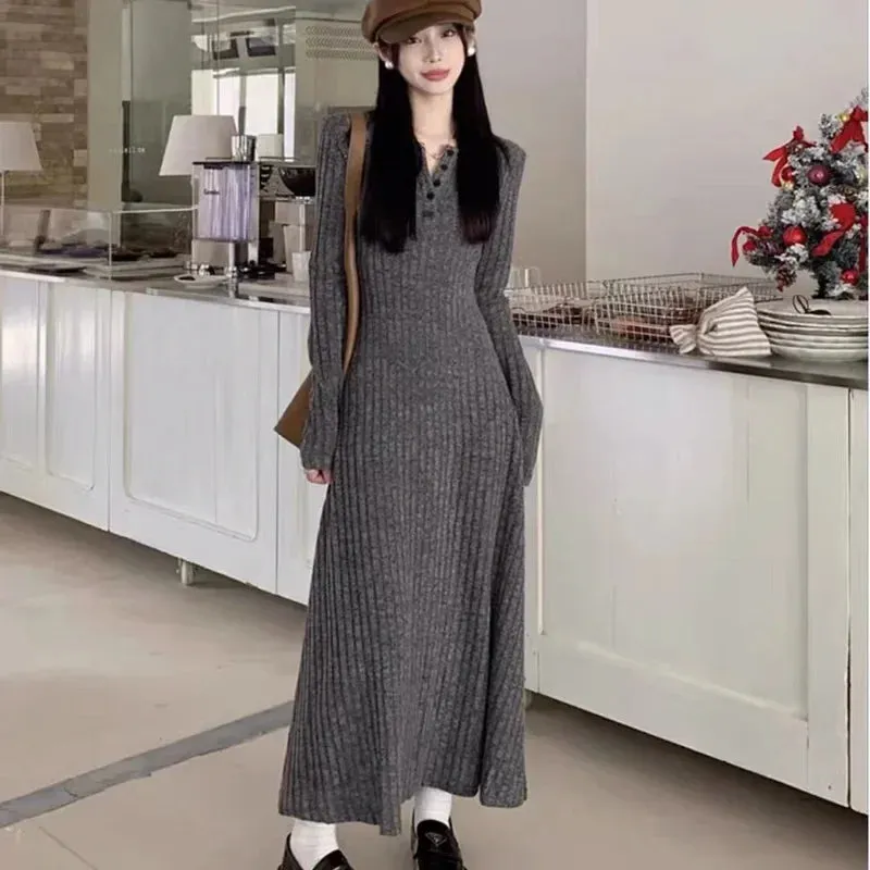 Amozae-Women's Elegant Vintage Design Knit Dress Long Sleeve Autumn/winter 2024 New High-end Fitted Waist Three-color Dress
