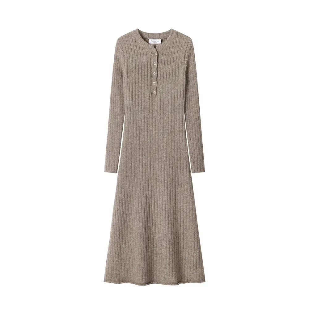 Amozae-Women's Elegant Vintage Design Knit Dress Long Sleeve Autumn/winter 2024 New High-end Fitted Waist Three-color Dress