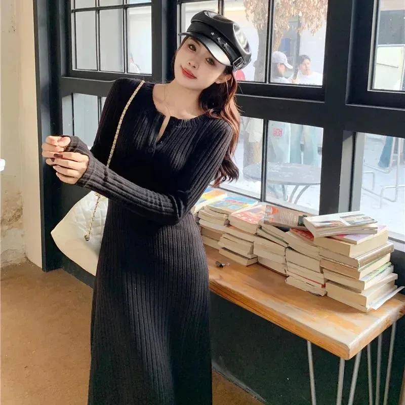 Amozae-Women's Elegant Vintage Design Knit Dress Long Sleeve Autumn/winter 2024 New High-end Fitted Waist Three-color Dress
