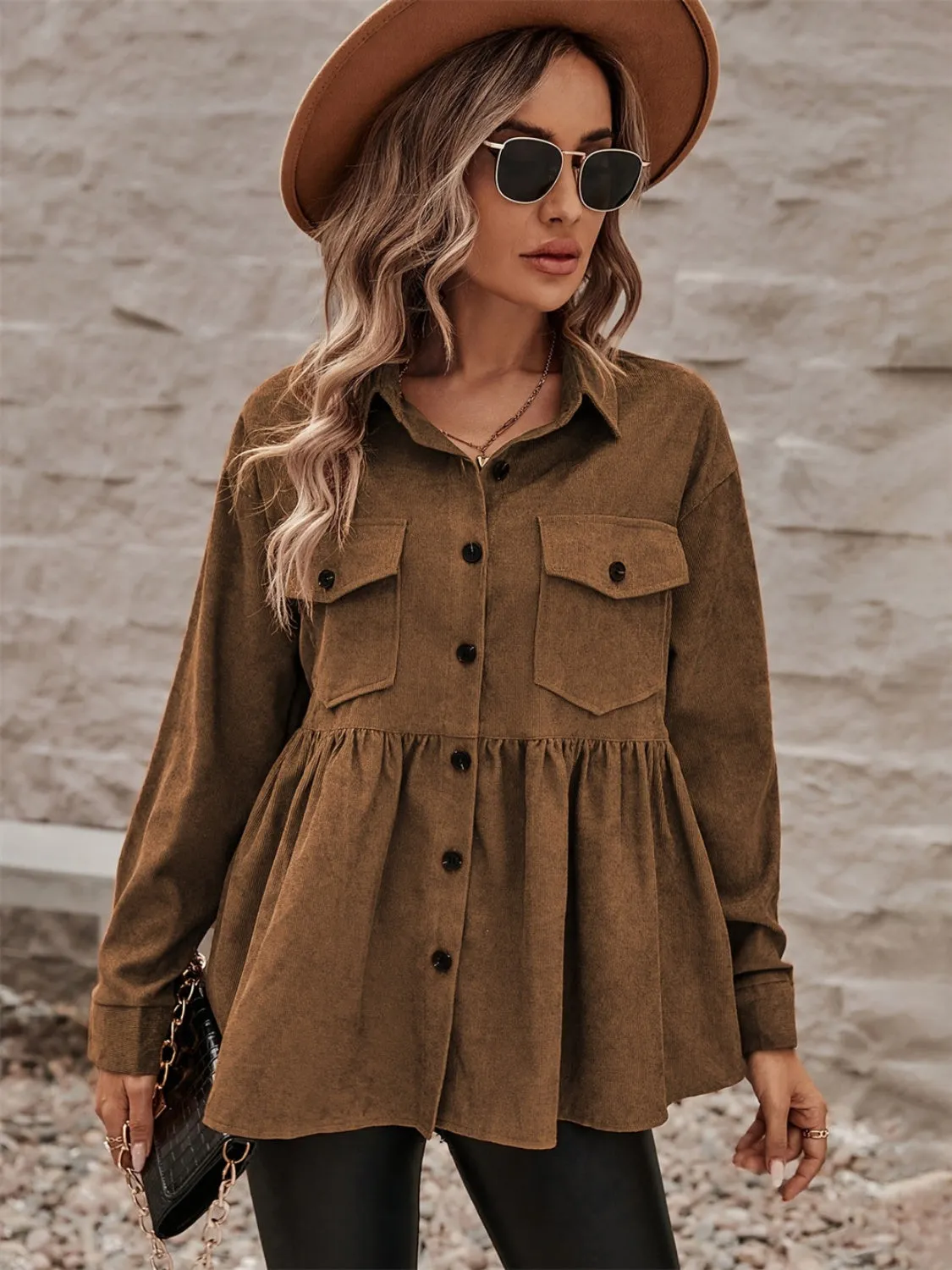 Brown Peplum Collared | Long Sleeve Shacket | Rubies   Lace