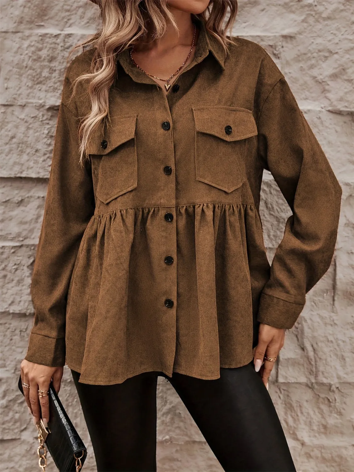 Brown Peplum Collared | Long Sleeve Shacket | Rubies   Lace