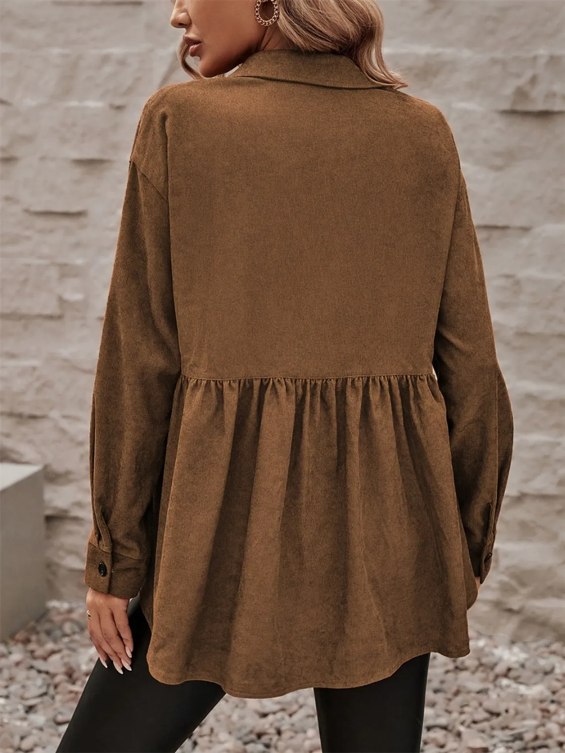 Brown Peplum Collared | Long Sleeve Shacket | Rubies   Lace