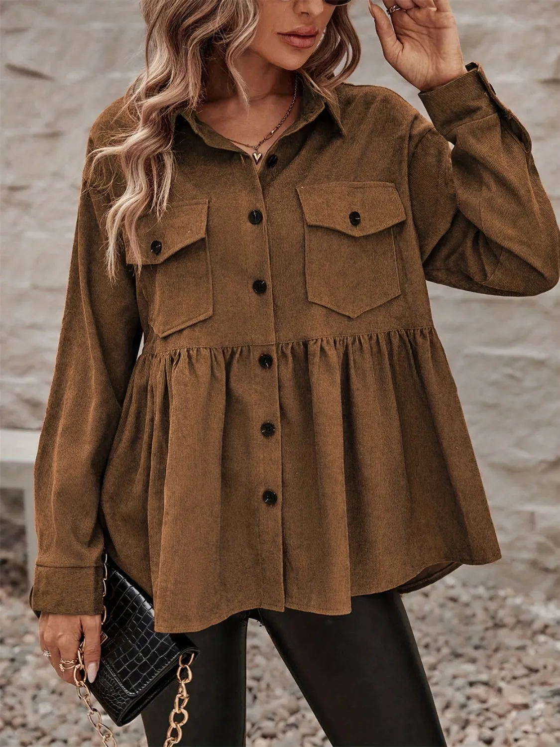 Brown Peplum Collared | Long Sleeve Shacket | Rubies   Lace