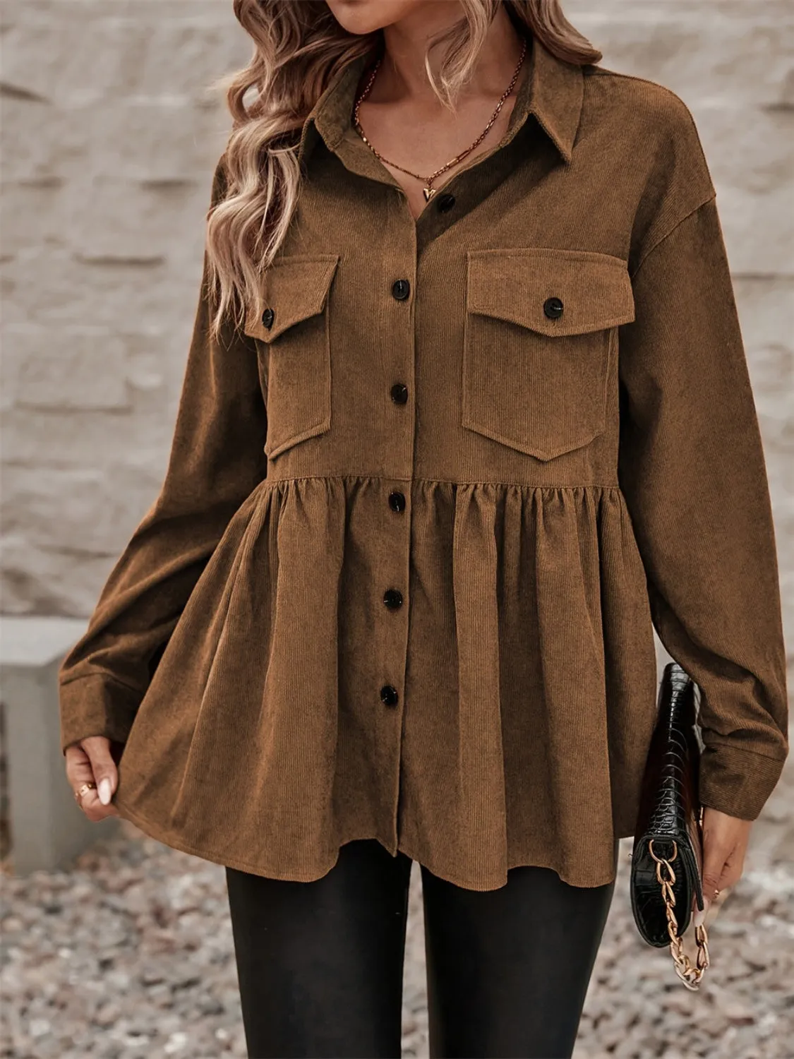 Brown Peplum Collared | Long Sleeve Shacket | Rubies   Lace