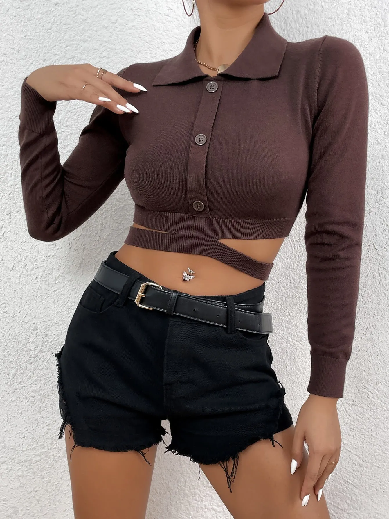 Casual Plain Button Front Long Sleeve Polo Crop Women Sweater