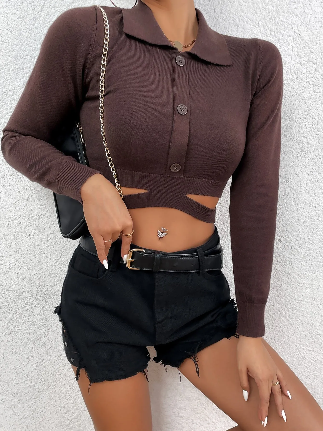 Casual Plain Button Front Long Sleeve Polo Crop Women Sweater