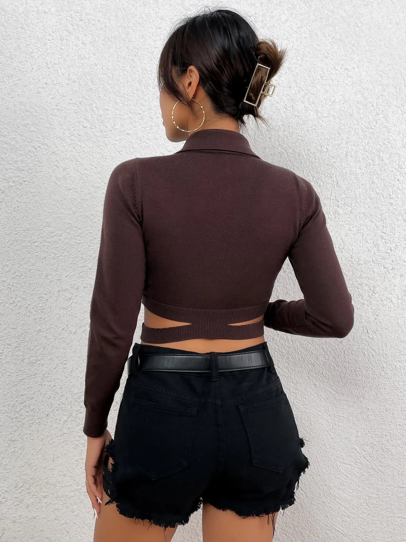 Casual Plain Button Front Long Sleeve Polo Crop Women Sweater