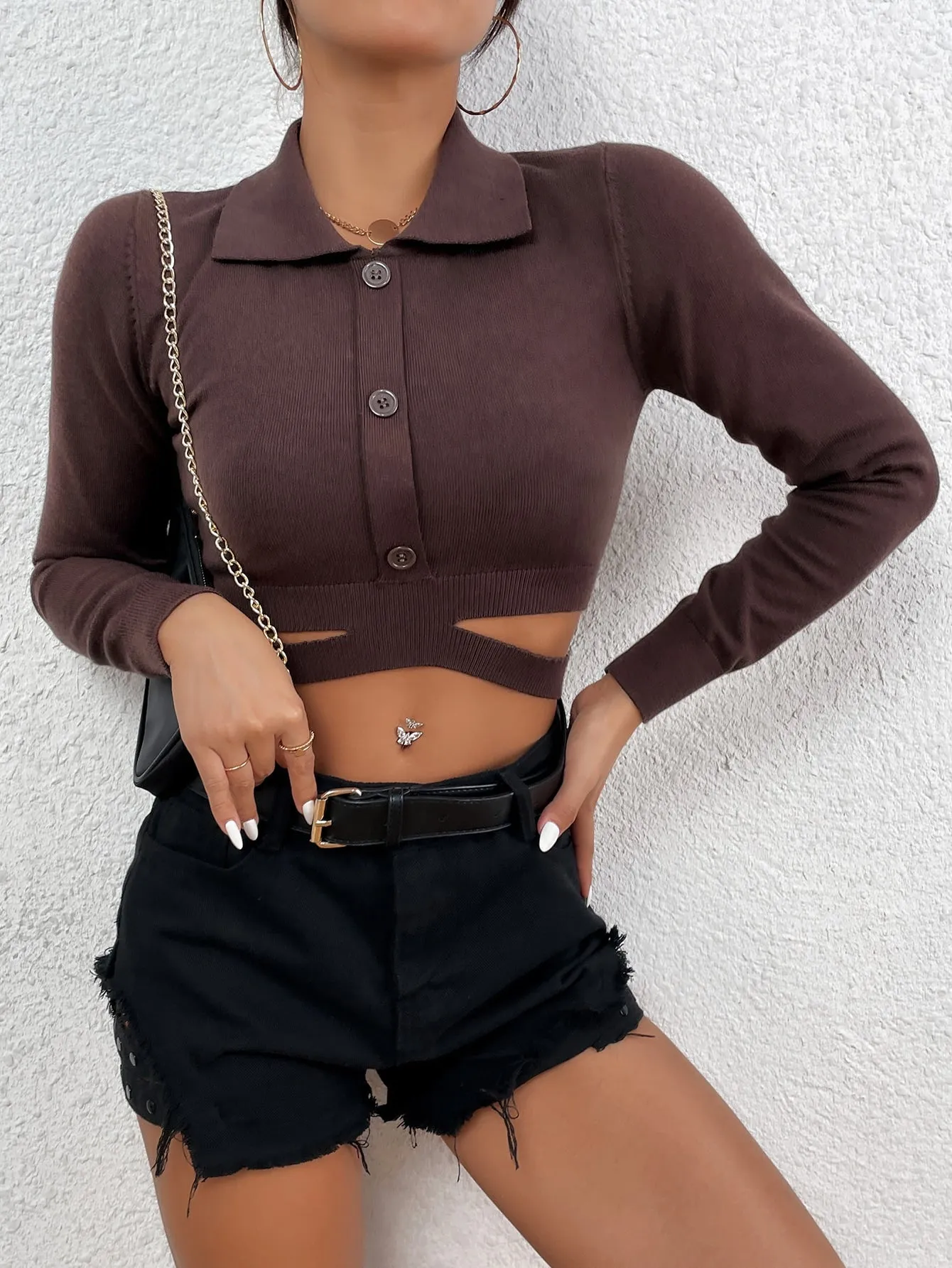 Casual Plain Button Front Long Sleeve Polo Crop Women Sweater
