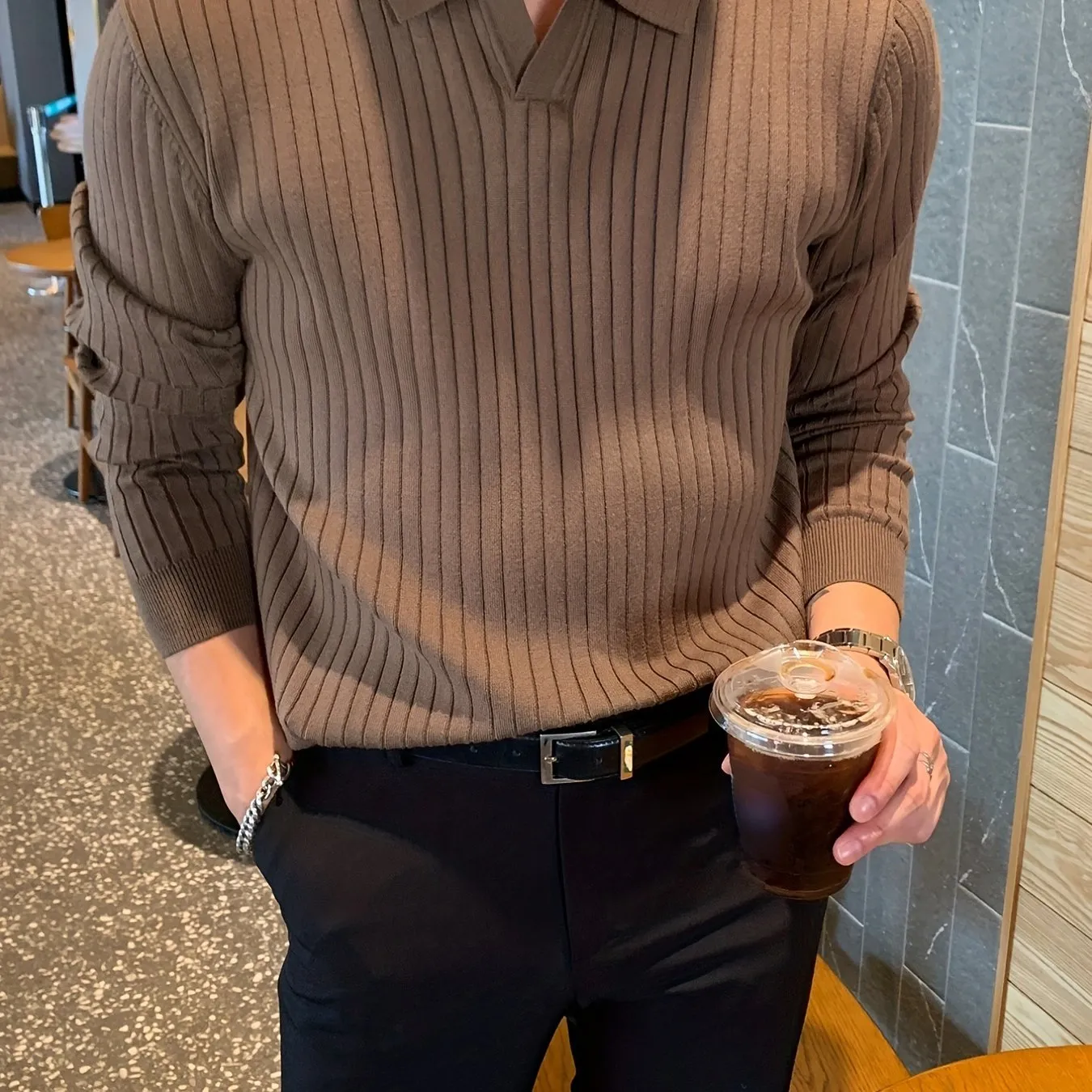 ChicMy-Fall Outfits -Valentine's Day gift Chic Knit Shirt, Men's Casual Stylish Lapel Middle Stretch V-Neck Pullover Sweater For Winter Autumn