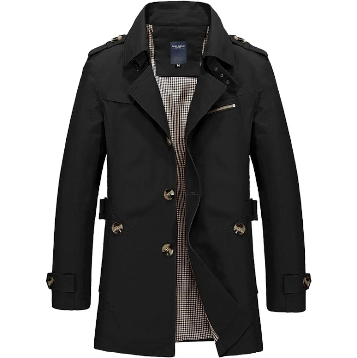 Mens Classic Black Mid Length Trench Coat