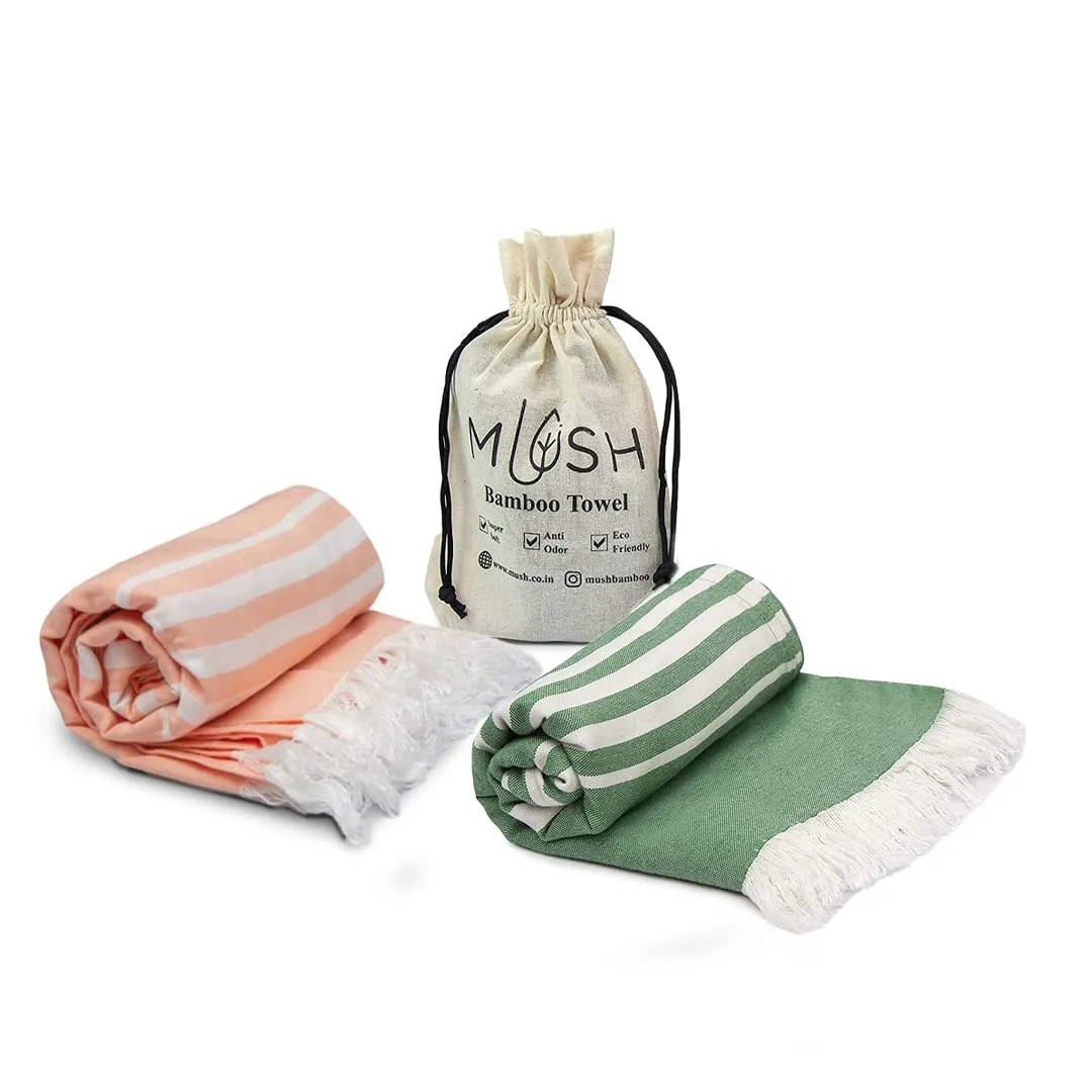 Mush 100% Bamboo Light Weight & Ultra-Compact Turkish Towel Super Soft, Absorbent, Quick Dry, Anti-Odor Bamboo Towel for Bath, Travel, Gym, Swim and Workout (2, Peach - Dark Green)