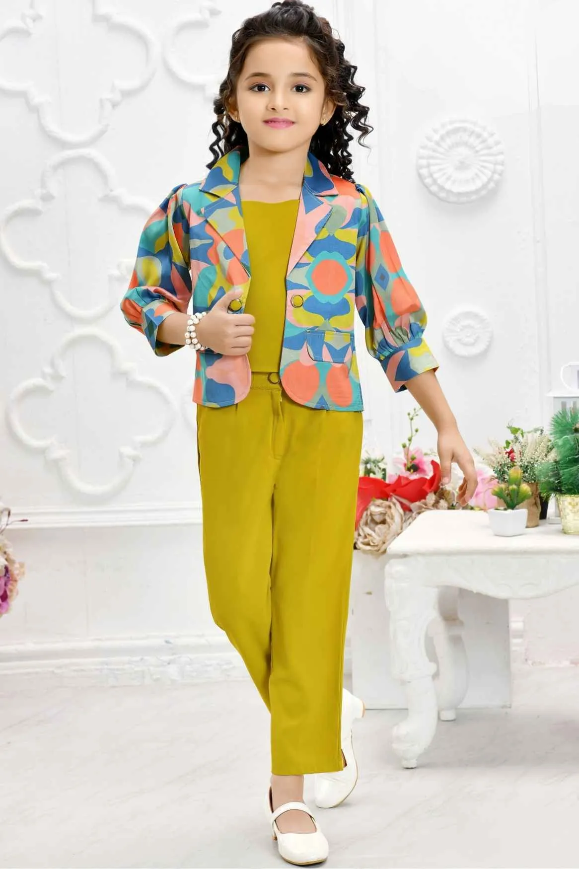 Mustard Co-ord Set With Printed Overcoat For Girls