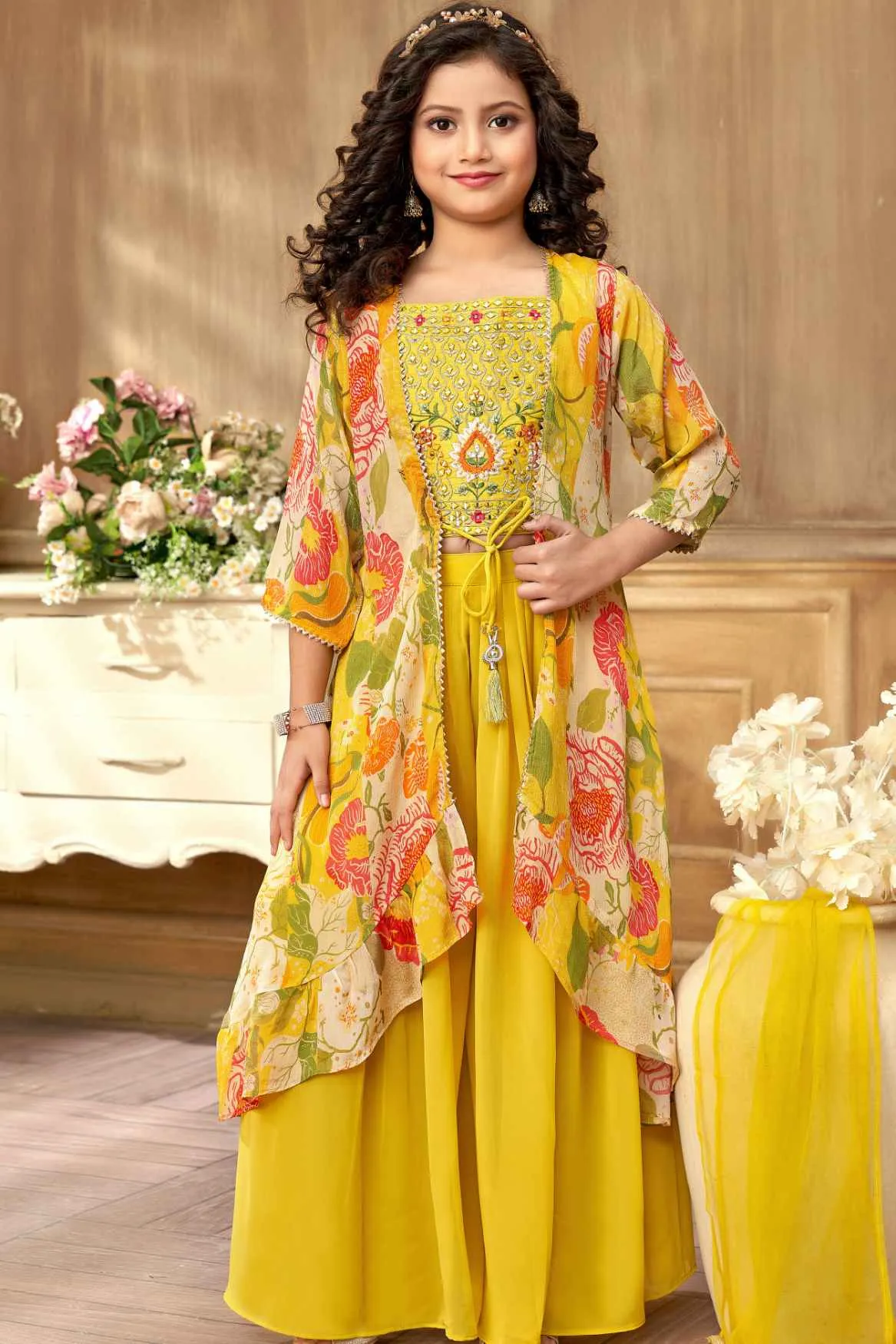 Mustard Printed And Mirror Work With Overcoat Palazzo Set For Girls