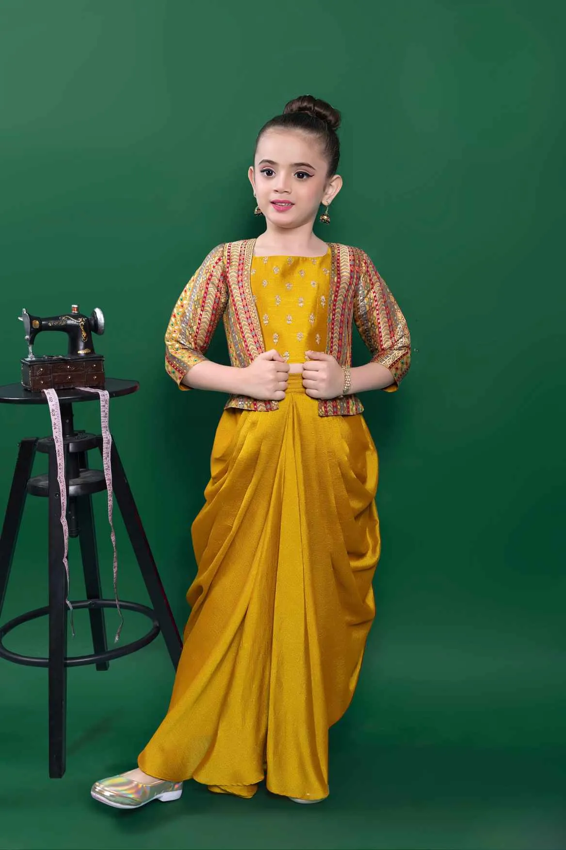Mustard Sequin Top And Dhoti Bottom Set With Brocade Overcoat For Girls