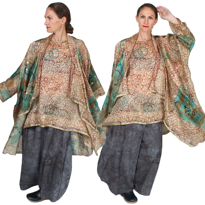New! Sunheart  Coat Vintage Silk Embroidered Gold Scribble Cachet Coat Sml-7X