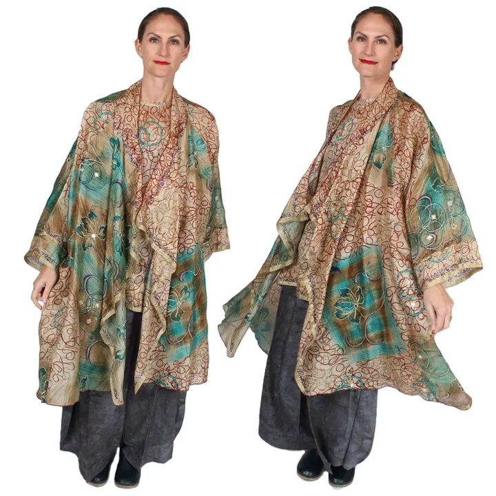 New! Sunheart  Coat Vintage Silk Embroidered Gold Scribble Cachet Coat Sml-7X