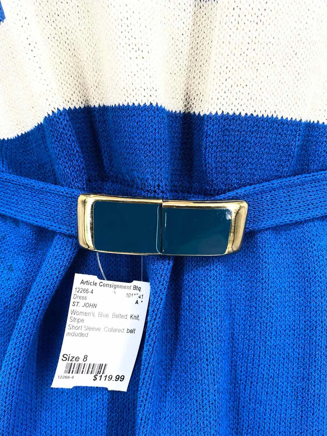 ST. JOHN Women's Blue Belted Knit Stripe Size 8 Dress