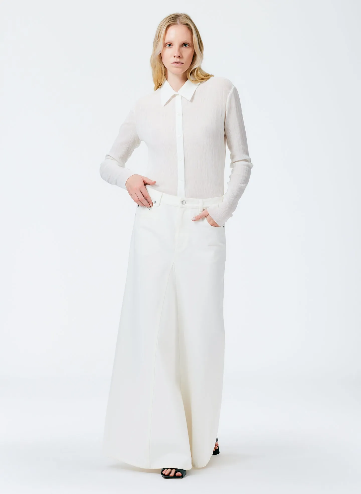 White Denim Godet Maxi Skirt