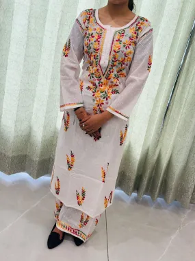 White Multicolor Chikankari Work Elegance Lucknowi Fusion Kurta Set