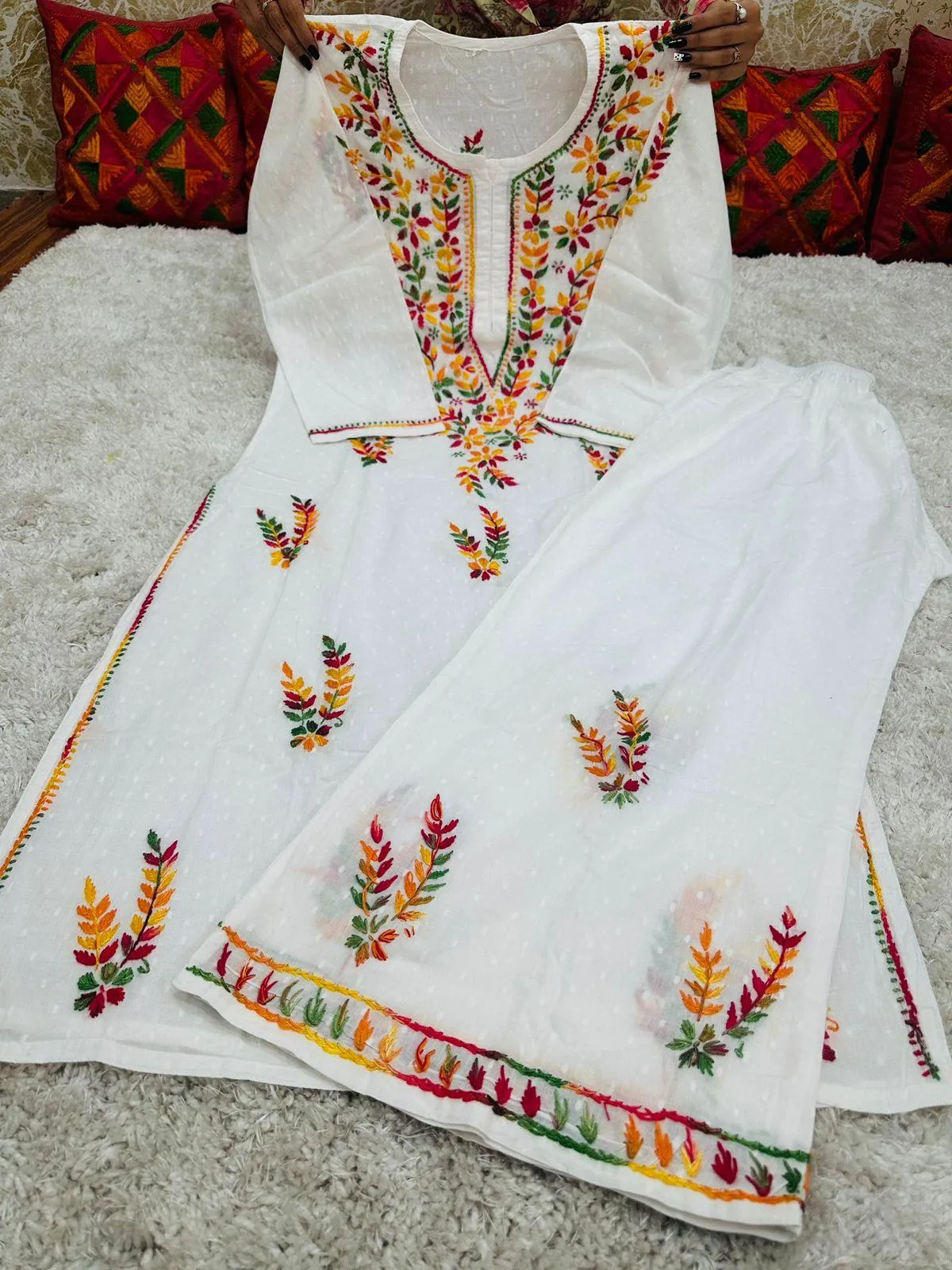 White Multicolor Chikankari Work Elegance Lucknowi Fusion Kurta Set