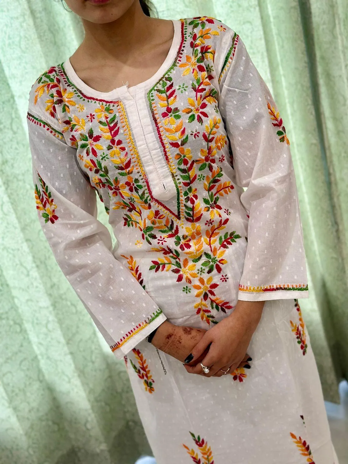 White Multicolor Chikankari Work Elegance Lucknowi Fusion Kurta Set