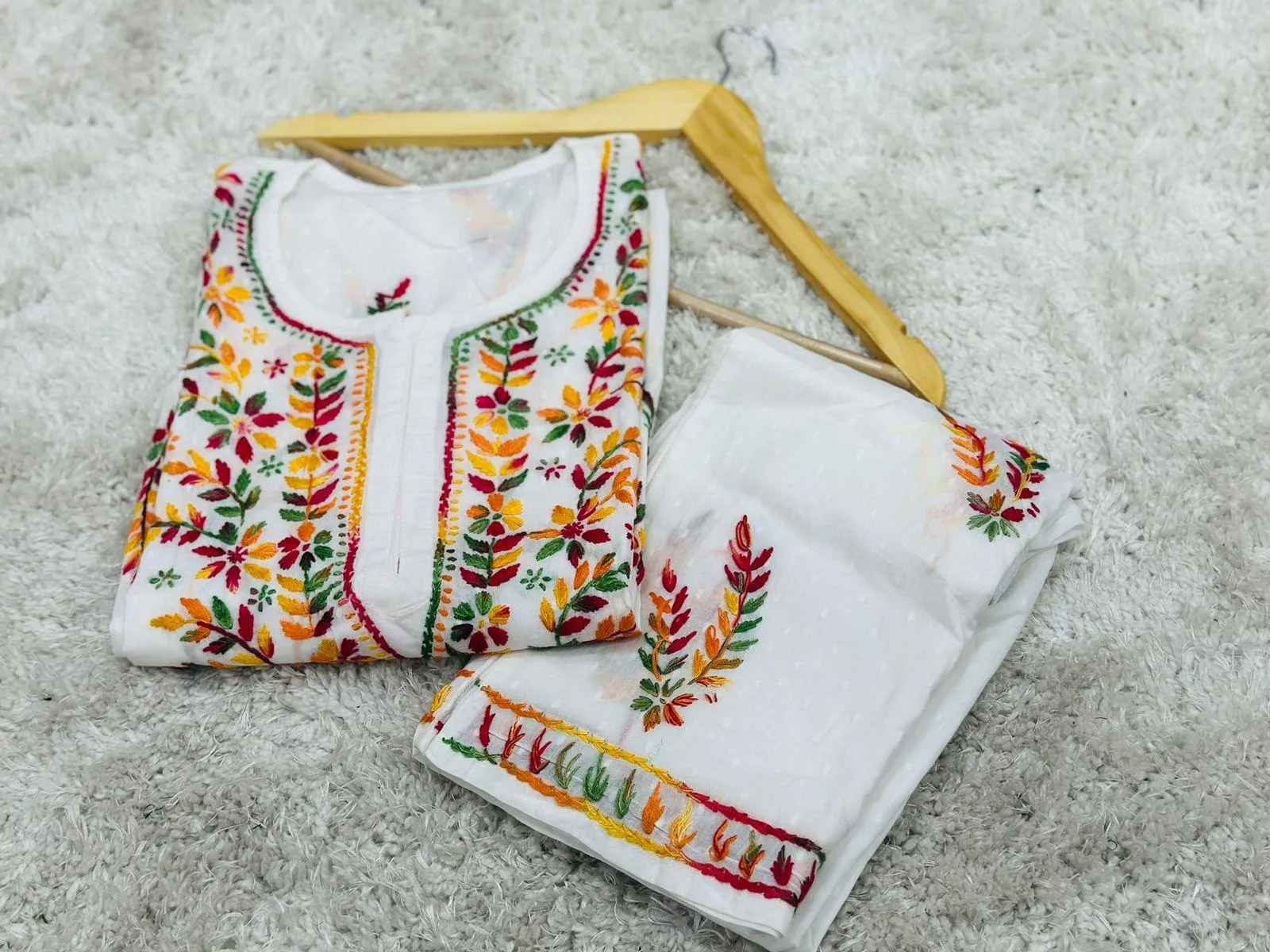 White Multicolor Chikankari Work Elegance Lucknowi Fusion Kurta Set